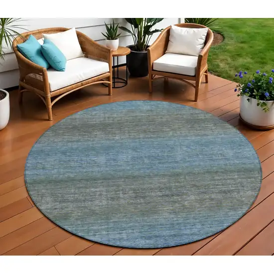 8' Blue And Taupe Round Geometric Washable Indoor Outdoor Area Rug Photo 2