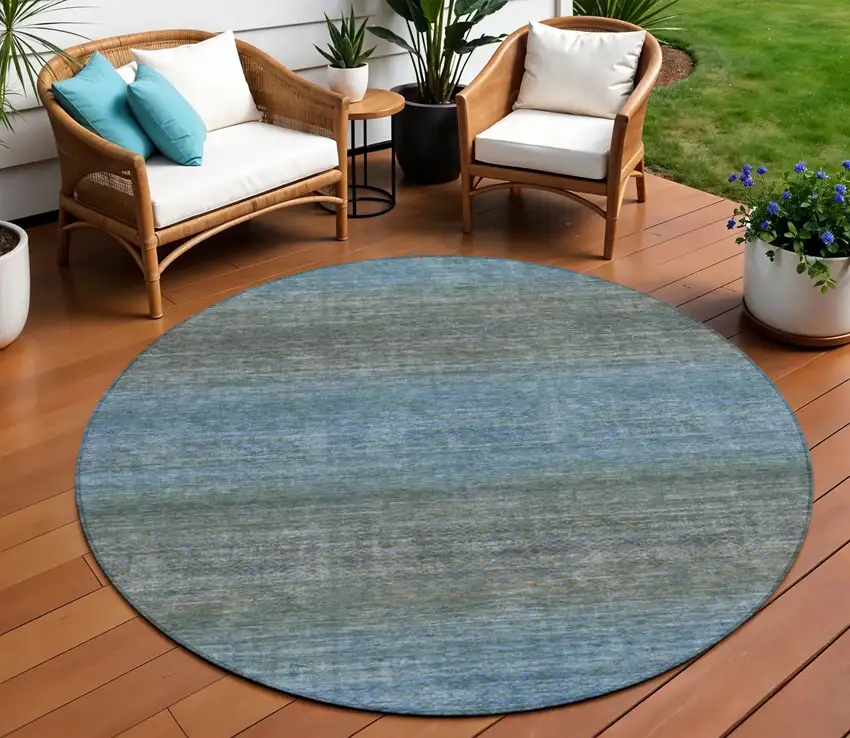 8' Blue And Taupe Round Geometric Washable Indoor Outdoor Area Rug Photo 2