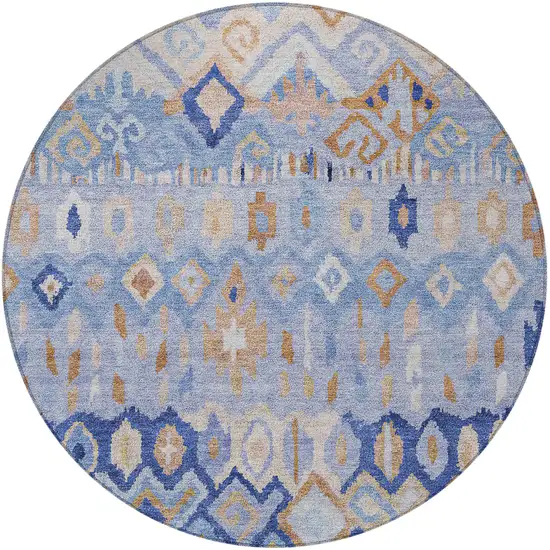 8' Blue And Taupe Round Geometric Washable Indoor Outdoor Area Rug Photo 4