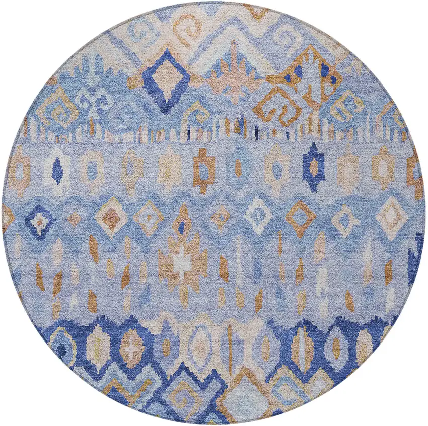 8' Blue And Taupe Round Geometric Washable Indoor Outdoor Area Rug Photo 4