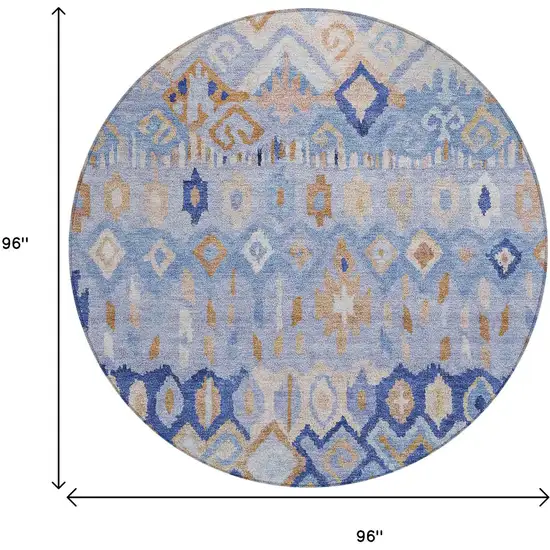 8' Blue And Taupe Round Geometric Washable Indoor Outdoor Area Rug Photo 3