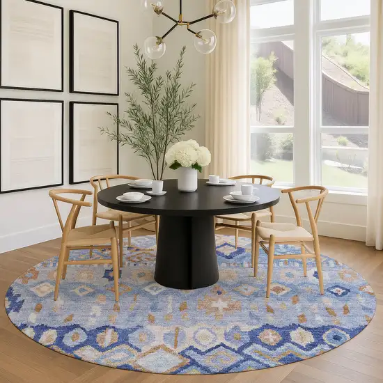 8' Blue And Taupe Round Geometric Washable Indoor Outdoor Area Rug Photo 9
