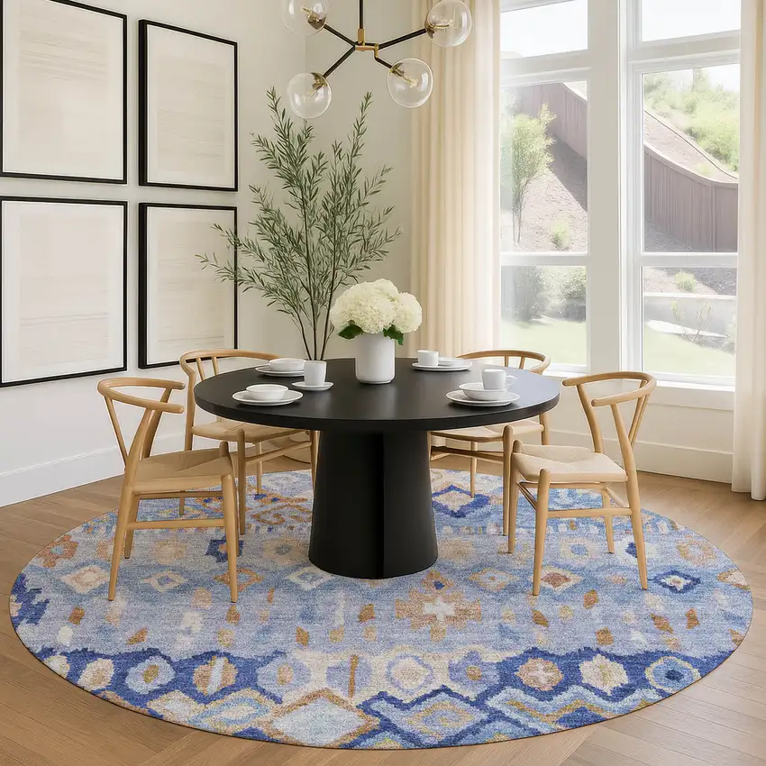 8' Blue And Taupe Round Geometric Washable Indoor Outdoor Area Rug Photo 9