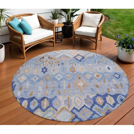 8' Blue And Taupe Round Geometric Washable Indoor Outdoor Area Rug Photo 1