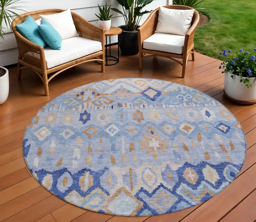 8' Blue And Taupe Round Geometric Washable Indoor Outdoor Area Rug Photo 1