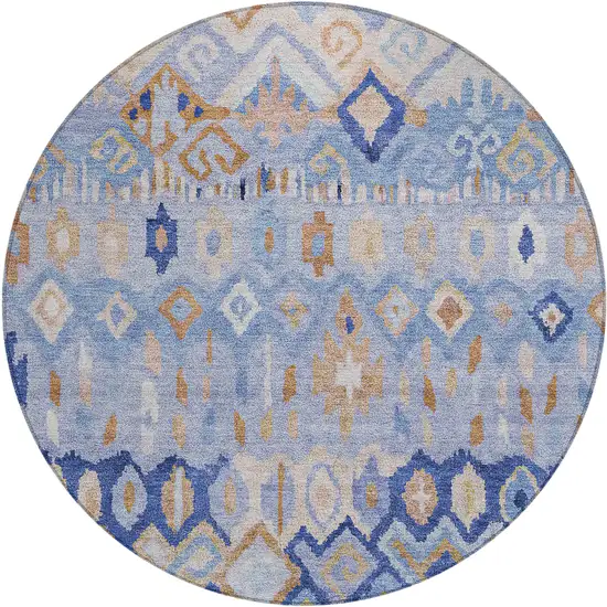 8' Blue And Taupe Round Geometric Washable Indoor Outdoor Area Rug Photo 2