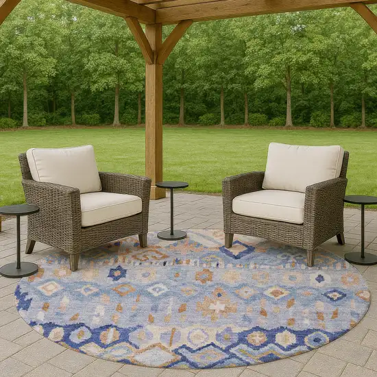 8' Blue And Taupe Round Geometric Washable Indoor Outdoor Area Rug Photo 8