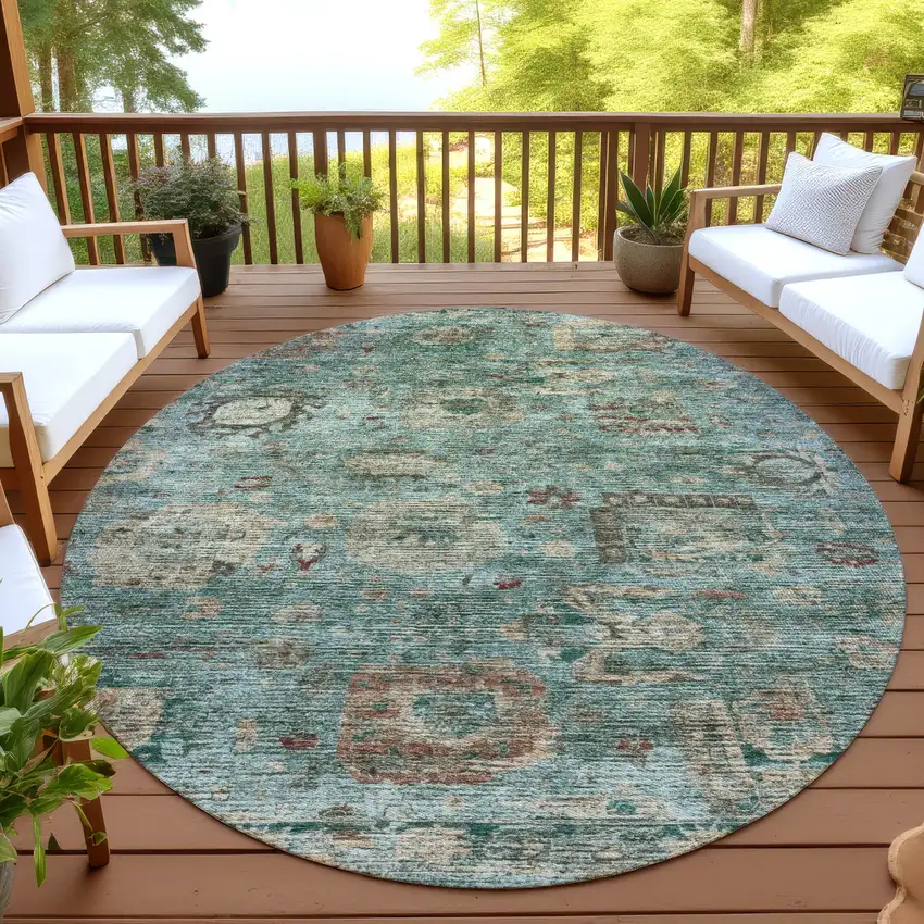 8' Blue And Teal Blue Round Abstract Washable Indoor Outdoor Area Rug Photo 4