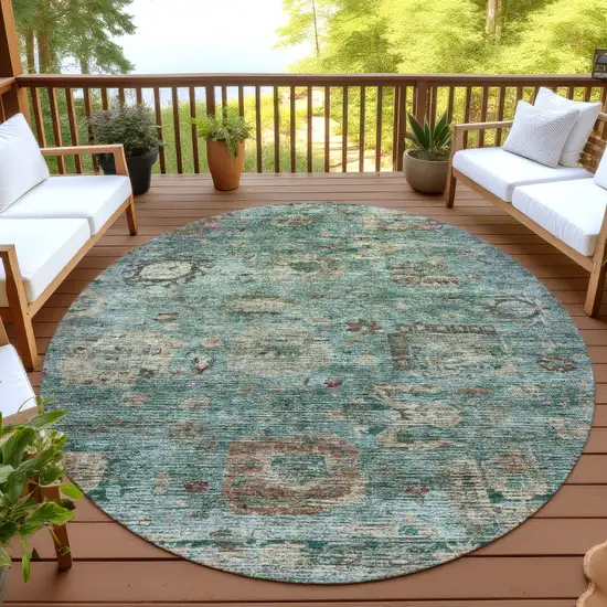 8' Blue And Teal Blue Round Abstract Washable Indoor Outdoor Area Rug Photo 4