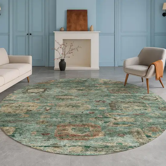 8' Blue And Teal Blue Round Abstract Washable Indoor Outdoor Area Rug Photo 5