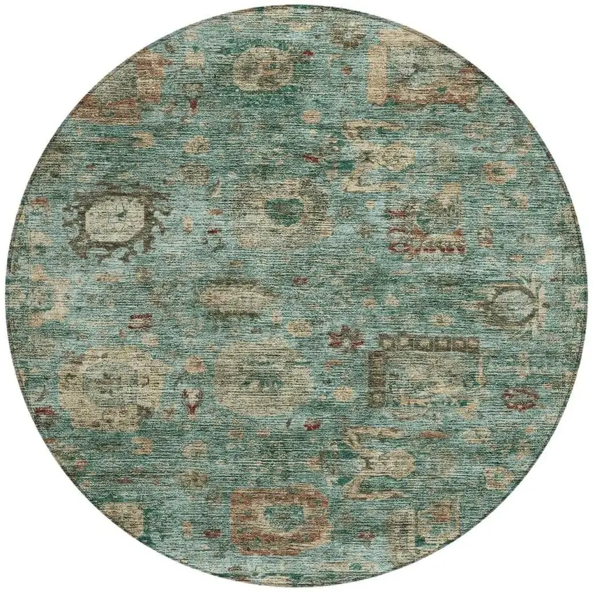 8' Blue And Teal Blue Round Abstract Washable Indoor Outdoor Area Rug Photo 3
