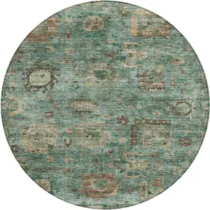 Photo of 8' Blue And Teal Blue Round Abstract Washable Indoor Outdoor Area Rug