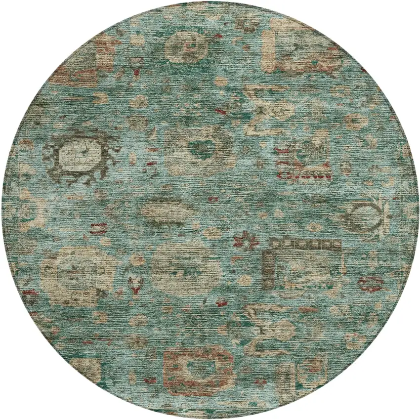 8' Blue And Teal Blue Round Abstract Washable Indoor Outdoor Area Rug Photo 1