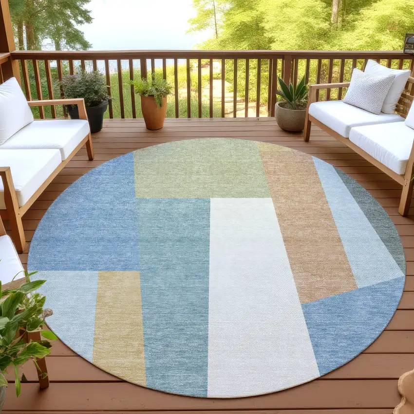 8' Blue And Teal Blue Round Geometric Washable Indoor Outdoor Area Rug Photo 4