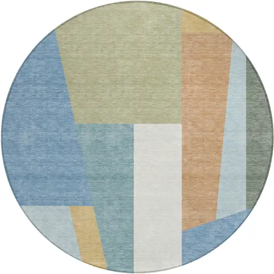 8' Blue And Teal Blue Round Geometric Washable Indoor Outdoor Area Rug Photo 6