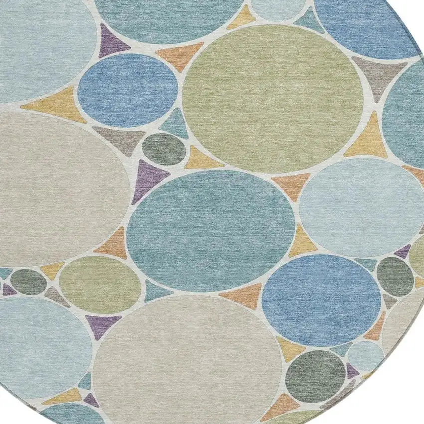 8' Blue And Teal Blue Round Geometric Washable Indoor Outdoor Area Rug Photo 3