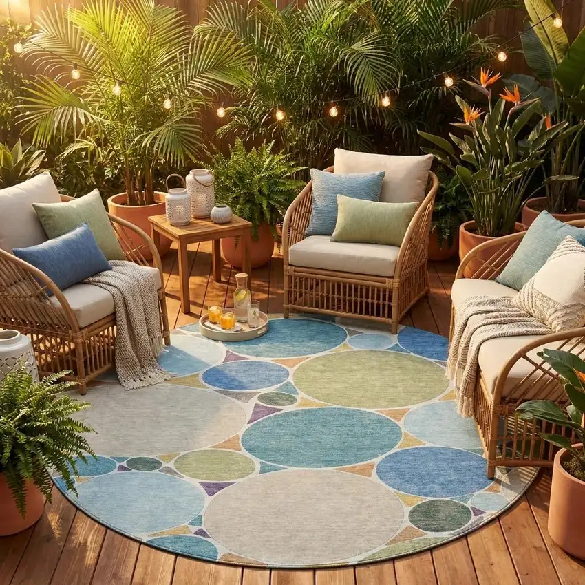 8' Blue And Teal Blue Round Geometric Washable Indoor Outdoor Area Rug Photo 1