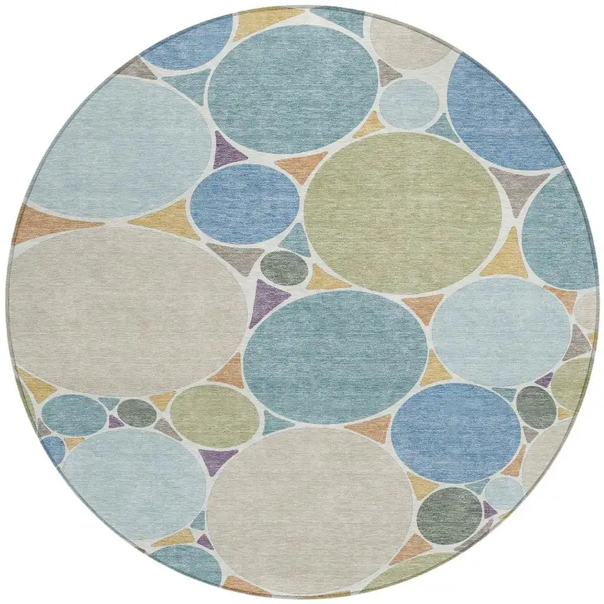 8' Blue And Teal Blue Round Geometric Washable Indoor Outdoor Area Rug Photo 4