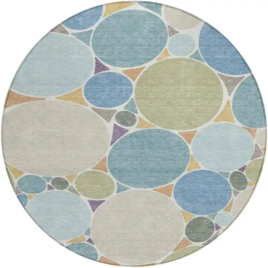 8' Blue And Teal Blue Round Geometric Washable Indoor Outdoor Area Rug Photo 2