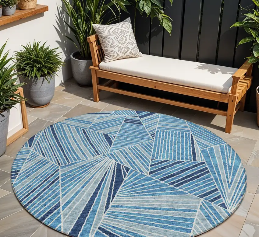 8' Blue And Teal Blue Round Geometric Washable Indoor Outdoor Area Rug Photo 1