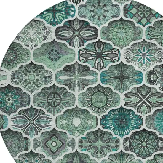 8' Blue And Teal Blue Round Ogee Washable Indoor Outdoor Area Rug Photo 5
