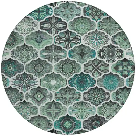 8' Blue And Teal Blue Round Ogee Washable Indoor Outdoor Area Rug Photo 2