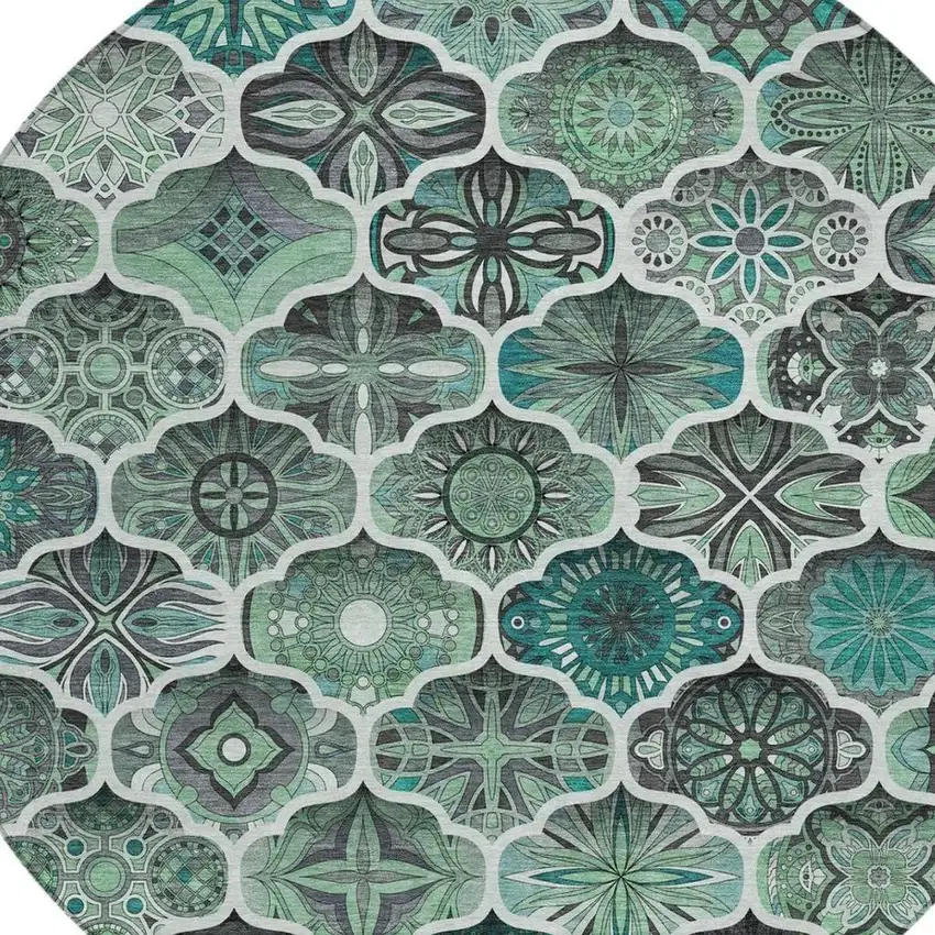 8' Blue And Teal Blue Round Ogee Washable Indoor Outdoor Area Rug Photo 6