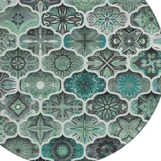 8' Blue And Teal Blue Round Ogee Washable Indoor Outdoor Area Rug Photo 4
