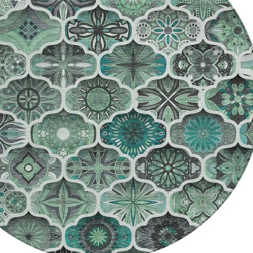 8' Blue And Teal Blue Round Ogee Washable Indoor Outdoor Area Rug Photo 4