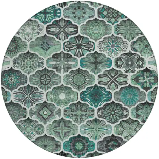 8' Blue And Teal Blue Round Ogee Washable Indoor Outdoor Area Rug Photo 1