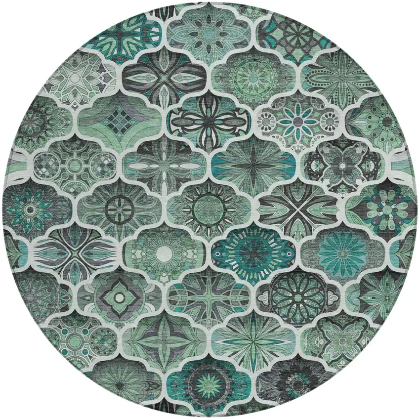 8' Blue And Teal Blue Round Ogee Washable Indoor Outdoor Area Rug Photo 1