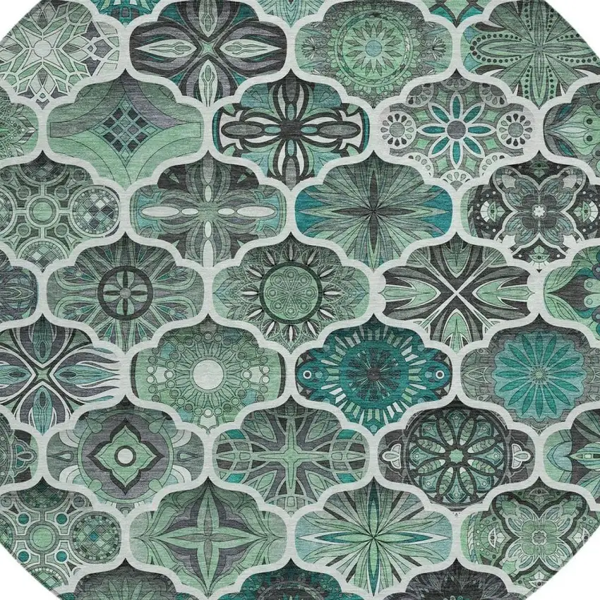 8' Blue And Teal Blue Round Ogee Washable Indoor Outdoor Area Rug Photo 8