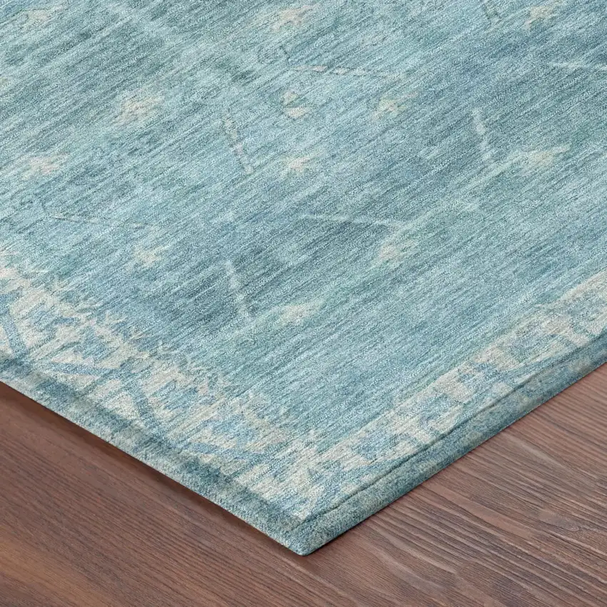 8' Blue And Teal Blue Round Tribal Washable Indoor Outdoor Area Rug Photo 5
