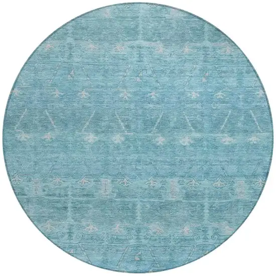 8' Blue And Teal Blue Round Tribal Washable Indoor Outdoor Area Rug Photo 4