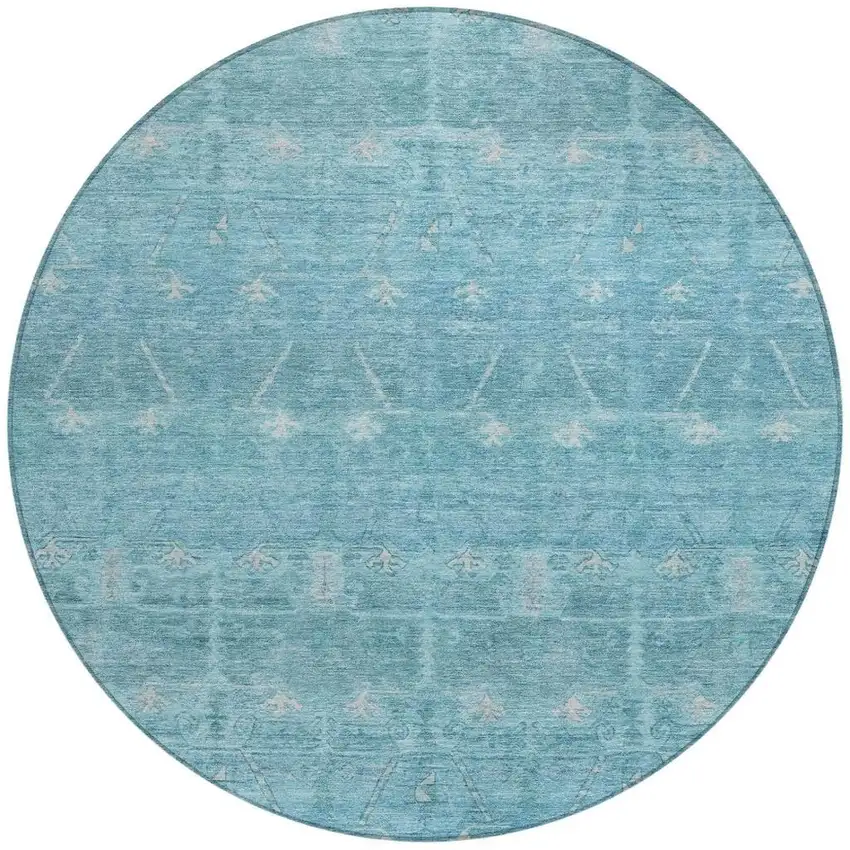 8' Blue And Teal Blue Round Tribal Washable Indoor Outdoor Area Rug Photo 4