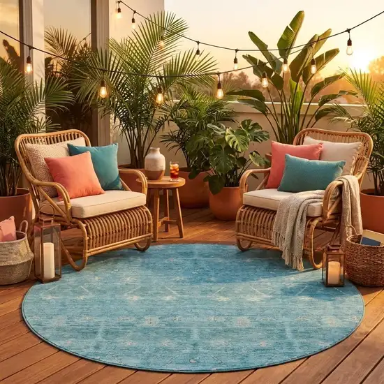 8' Blue And Teal Blue Round Tribal Washable Indoor Outdoor Area Rug Photo 1