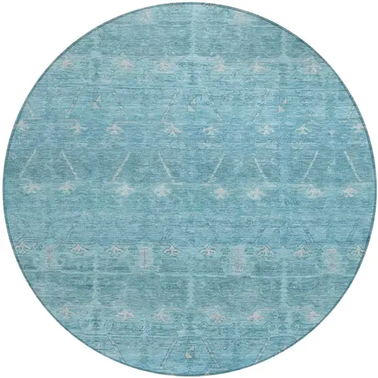 8' Blue And Teal Blue Round Tribal Washable Indoor Outdoor Area Rug Photo 2