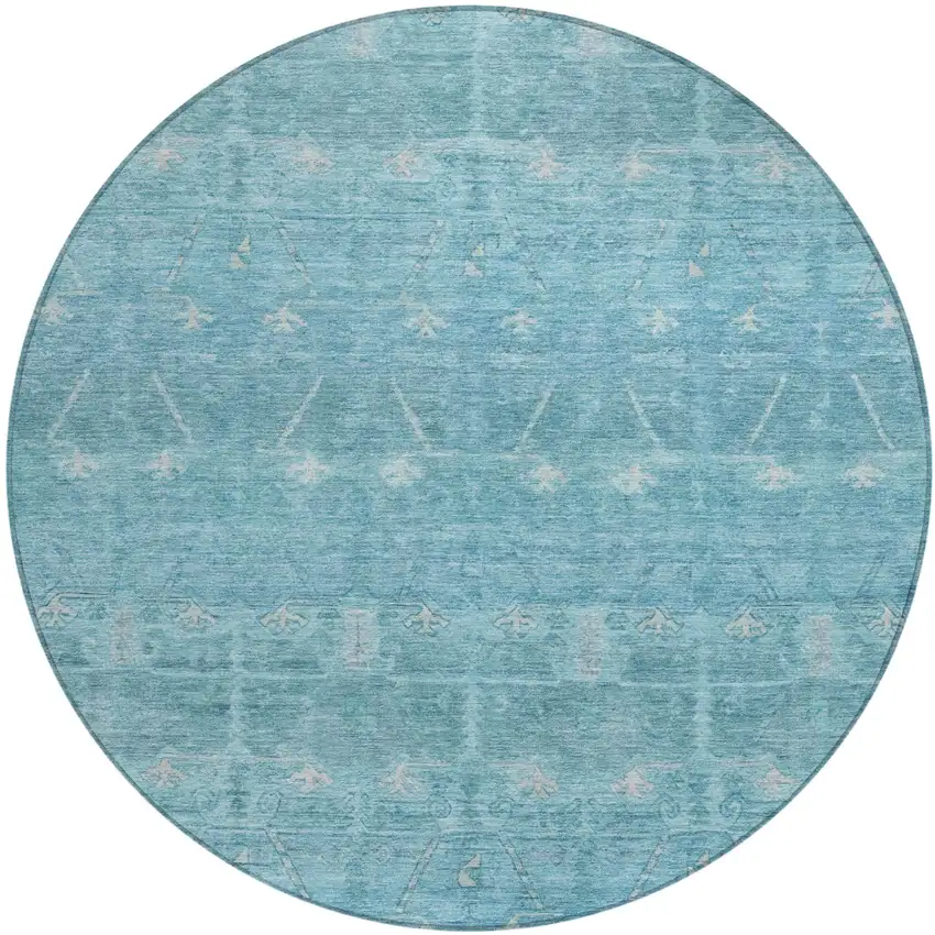 8' Blue And Teal Blue Round Tribal Washable Indoor Outdoor Area Rug Photo 2