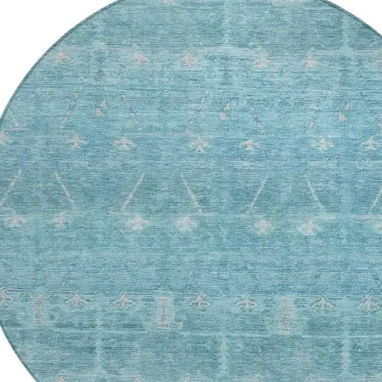 8' Blue And Teal Blue Round Tribal Washable Indoor Outdoor Area Rug Photo 3
