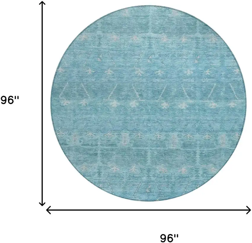 8' Blue And Teal Blue Round Tribal Washable Indoor Outdoor Area Rug Photo 7