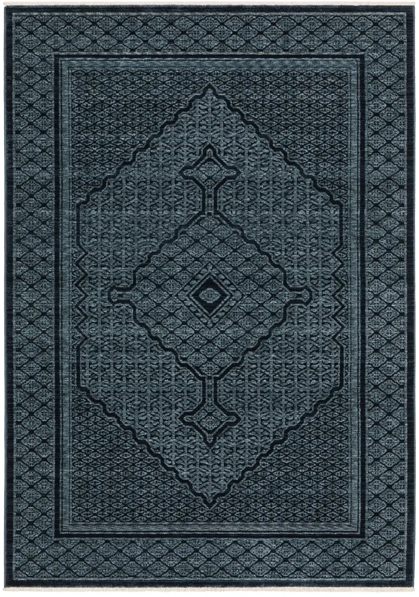 8' Blue And Teal Medallion Runner Rug With Fringe Photo 4