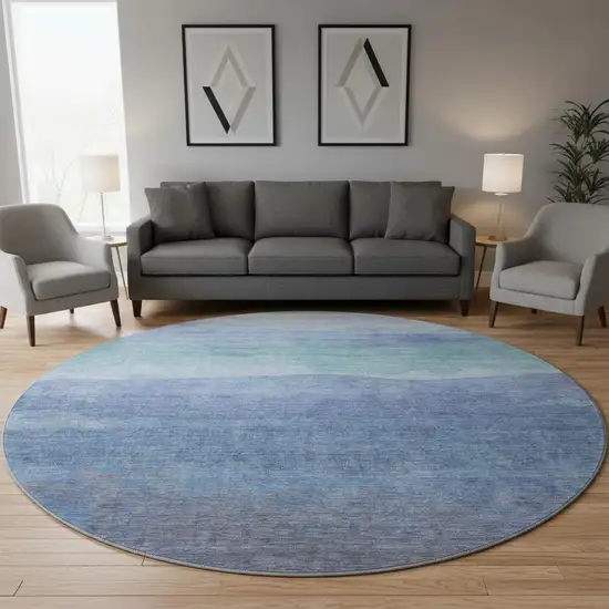 8' Blue And Teal Striped Washable Round Rug With UV Protection Photo 2