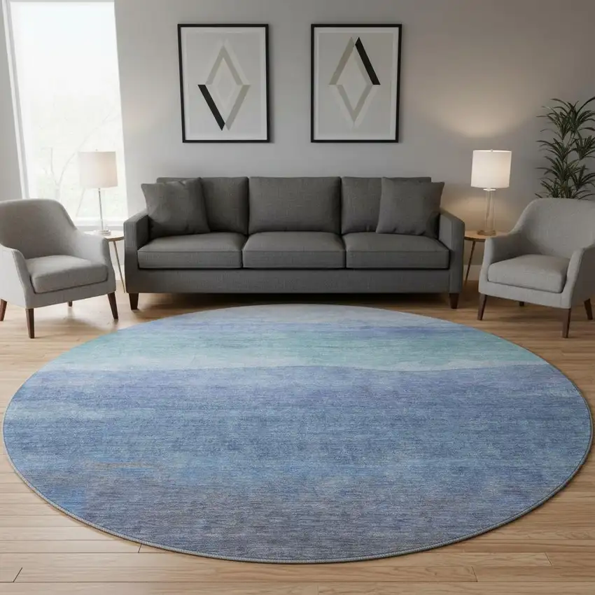 8' Blue And Teal Striped Washable Round Rug With UV Protection Photo 2