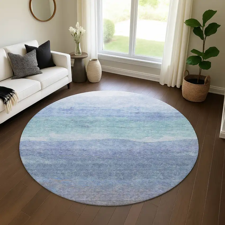 8' Blue And Teal Striped Washable Round Rug With UV Protection Photo 4