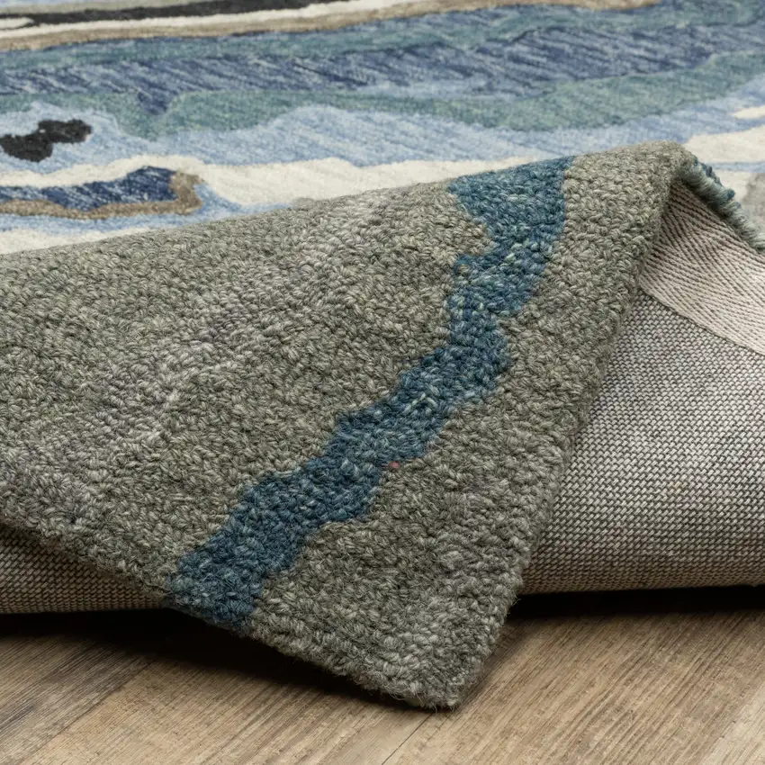 8' Blue And Teal Wool Abstract Hand Tufted Runner Rug Photo 9