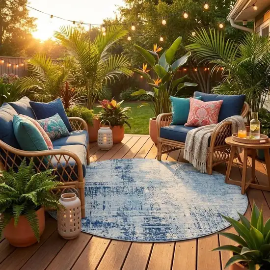 8' Blue And Wheat Round Abstract Washable Indoor Outdoor Area Rug Photo 1