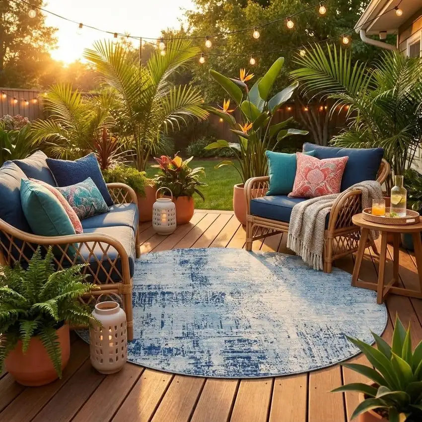 8' Blue And Wheat Round Abstract Washable Indoor Outdoor Area Rug Photo 1