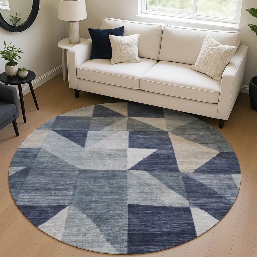 8' Blue And Wheat Round Geometric Washable Indoor Outdoor Area Rug Photo 5