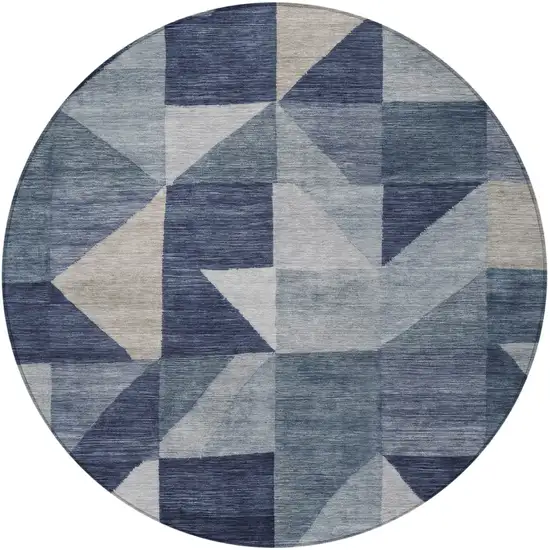 8' Blue And Wheat Round Geometric Washable Indoor Outdoor Area Rug Photo 3