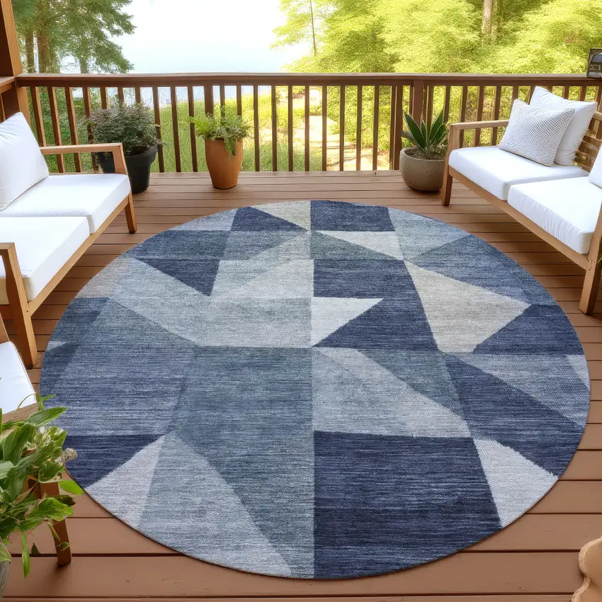 8' Blue And Wheat Round Geometric Washable Indoor Outdoor Area Rug Photo 4